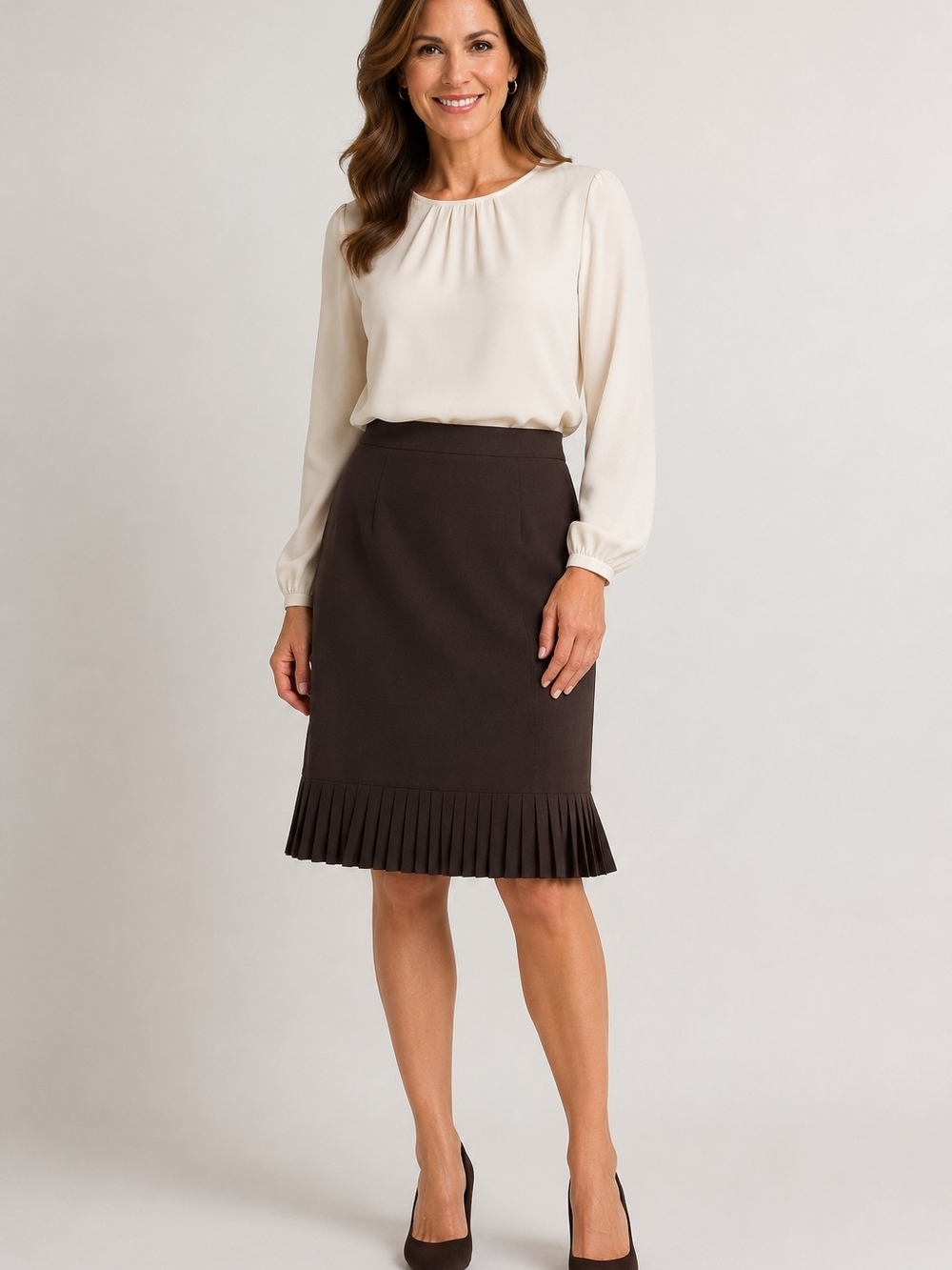 Le Suit Petite 6P Brown Classic Pleated Hem Midi Skirt Fully Lined Career Office